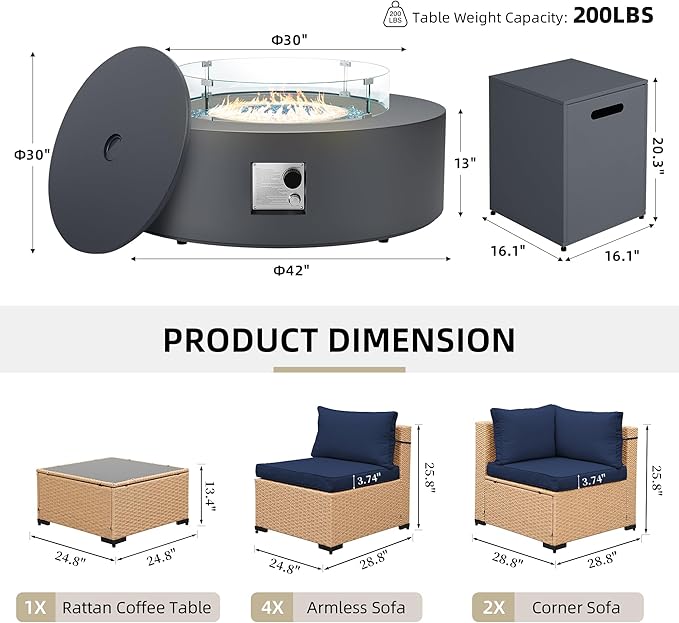 UPHA 9 Pieces Patio Furniture Sets, Wicker Outdoor Sectional Sofa Couch with Round Propane Pit for Deck Backyard Garden, Beige Rattan, Navy Blue Cushion
