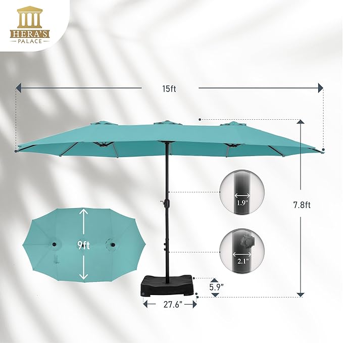 HERA'S PALACE Umbrella Patio Outdoor with Base 15ft Rectangle Table Double Market Umbrellas Clearance Large Included Stand for Deck Outside Pool Turquoise