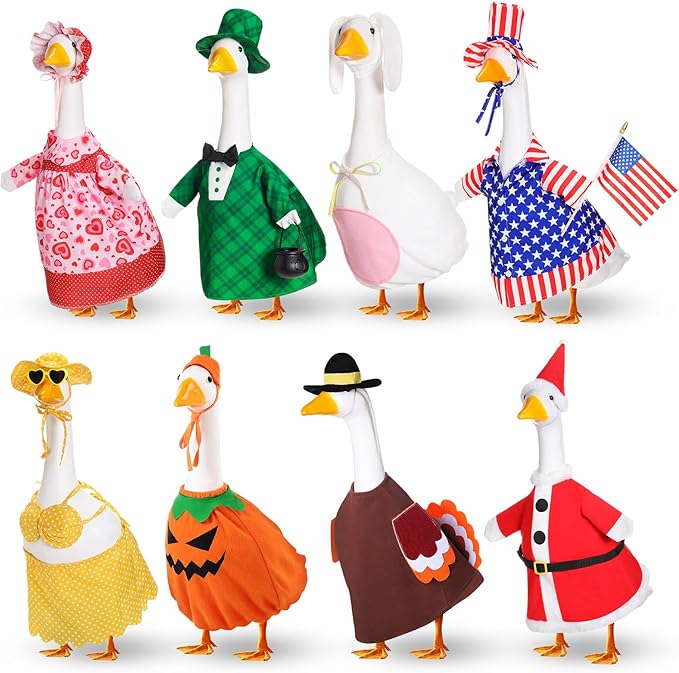 FuWeave 8 Set Holiday Porch Goose Outfits 17'' Goose Clothes Summer Fall Halloween Christmas Winter Thanksgiving Valentine St. Patrick Easter 4th of July Lawn Porch Geese Costume for Patio Yard Decor