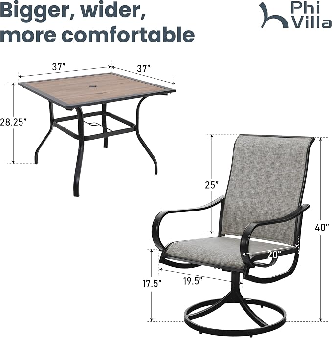 PHI VILLA Outdoor Patio Dining Set for 4, 5 PCS Patio Table & Chair Set Clearance with 4 Swivel Dining Chairs & 1 Square Patio Table(1.57" Hole), Patio Dining Furniture for Lawn Garden, Black Coated