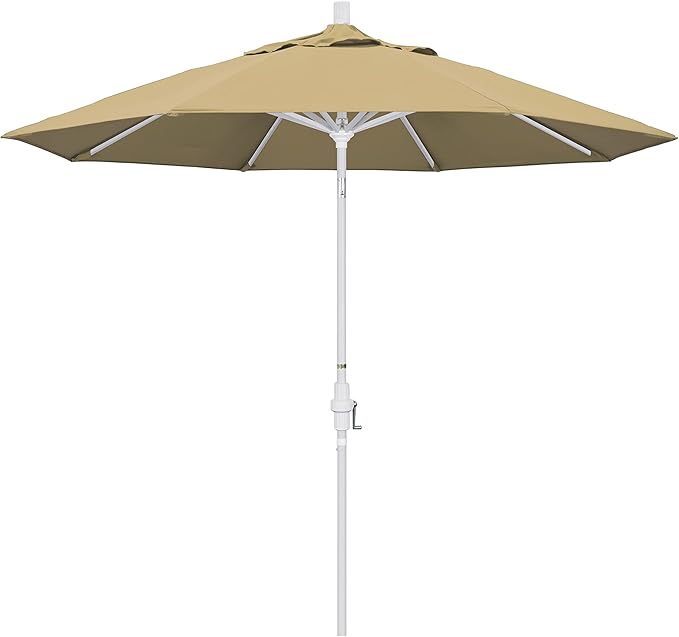 California Umbrella 9' Round Aluminum Market Umbrella, Crank Lift, Collar Tilt, White Pole, Champagne Olefin