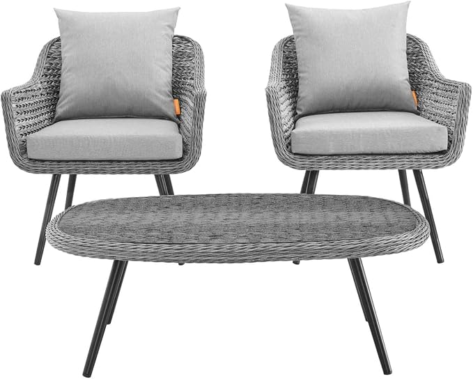 Modway EEI-3179-GRY-GRY-SET Endeavor 3 Piece Outdoor Patio Wicker Rattan Sectional Sofa Set, Gray