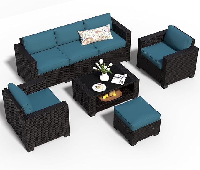 SHGJ&SOFT 7 Piece Patio Furniture Set, Wicker Outdoor Sectional Sofa with Washable Cushion Covers and Tempered Glass Table, Rattan Conversation Set for Poolside