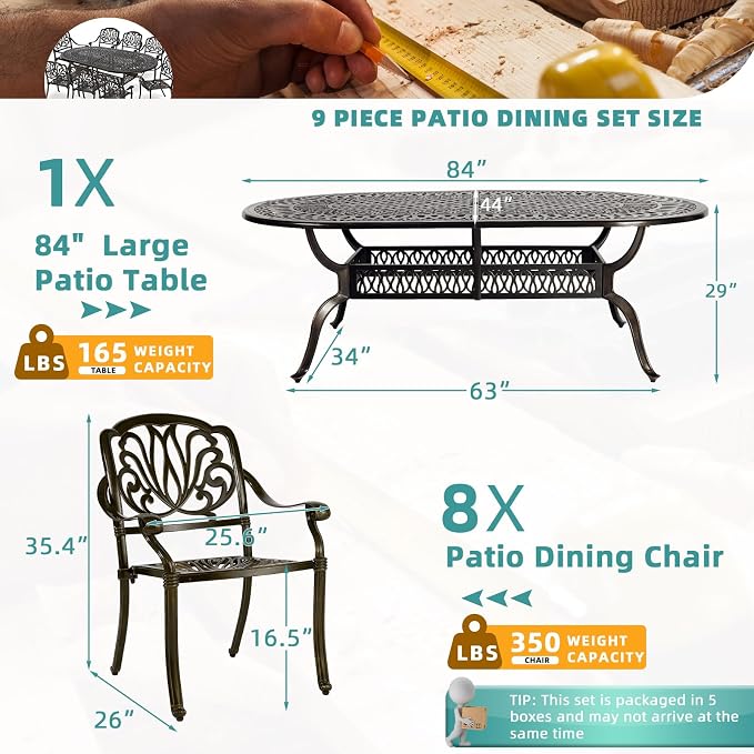 MEETWARM 9-Piece Outdoor Patio Dining Set, 8 Outdoor Dining Chairs and 1 Oval Table with 2" Umbrella Hole, All Weather Cast Aluminum Patio Funiture Set for Backyard, Patio, Garden