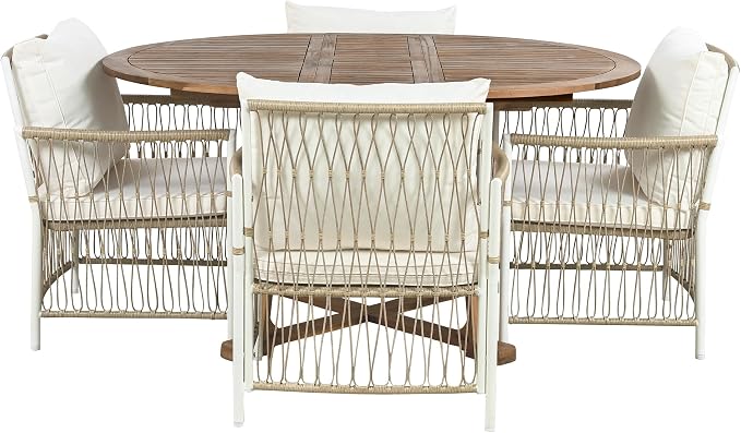 VilroCaz 5-Piece Outdoor Patio Dining Set, All-Weather Acacia Wood Extendable Round Dining Table with 12inch Butterfly Leaf and 4 Rattan Arm Chairs for Backyard, Balcony, Garden, Poolside