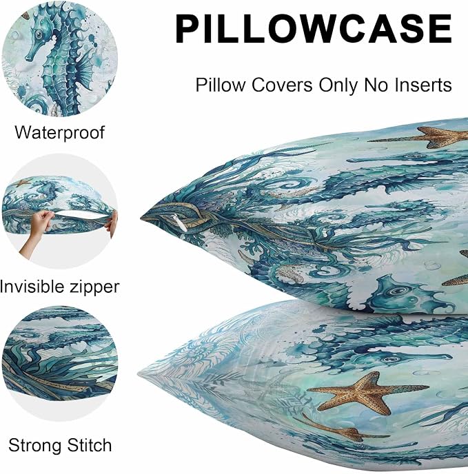 Ocean Seahorses Outdoor Pillow Covers 20x12 Inch Lumbar Pillow Covers Set of 2 Waterproof Decorative Throw Pillow Cases Coastal Animals Seaweed Strafish Compass Blue Cushion Covers for Patio Furniture