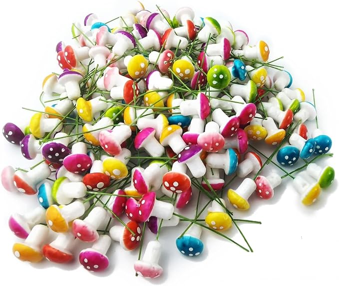 NSBELL 160PCS Fairy Garden Mushroom Mini Tiny Foam Mushroom Miniature Colorful Mushroom Artificial Fairy Garden Ornament for Flower Pot Micro Landscape Decoration