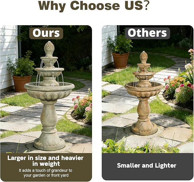 Naturefalls 42.5" Outdoor Water Fountain, 3-Tiers Fiber Reinforced Concrete Garden Water Feature, Electric Fountain with Low Voltage Pump Decorative Waterfall for Patio Backyard Lawn Yard Decor