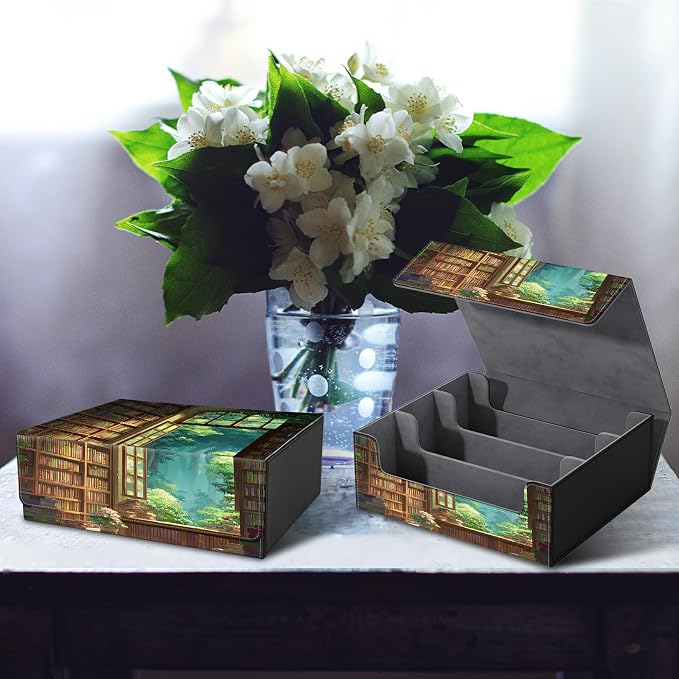 Large Card Deck Box for MTG, Fits 1200+ Sleeved Cards, PU Leather Storage Case with Strong Magnetic Closure, Multiple Colors Available for TCG CCG Baseball Card Collections, Library Window