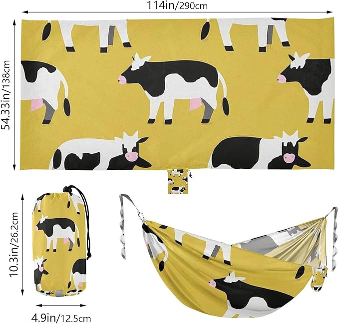 Cartoon Cute Black and White Cow 330lb Capacity Camping Hammocks Indoor Hammock for Camping Travel Accessories Silla hamacas para adultos
