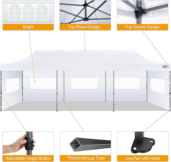 COBIZI 10x30 Pop up Canopy Tent 10x30 Canopy with 8 Sidewalls Waterproof Heavy Duty Commercial Canopy Tent for Parties Outdoor Garden Gazebo, Carry Bag with Wheel(10x30ft, White)