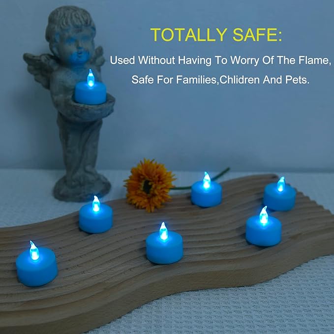 Tea Light, 24 Pack Flameless LED Tea Lights Candles Flickering Blue 200+ Hours Battery-Powered Tealight Candle, Ideal for Party, Wedding, Birthday, Gifts and Home Decoration