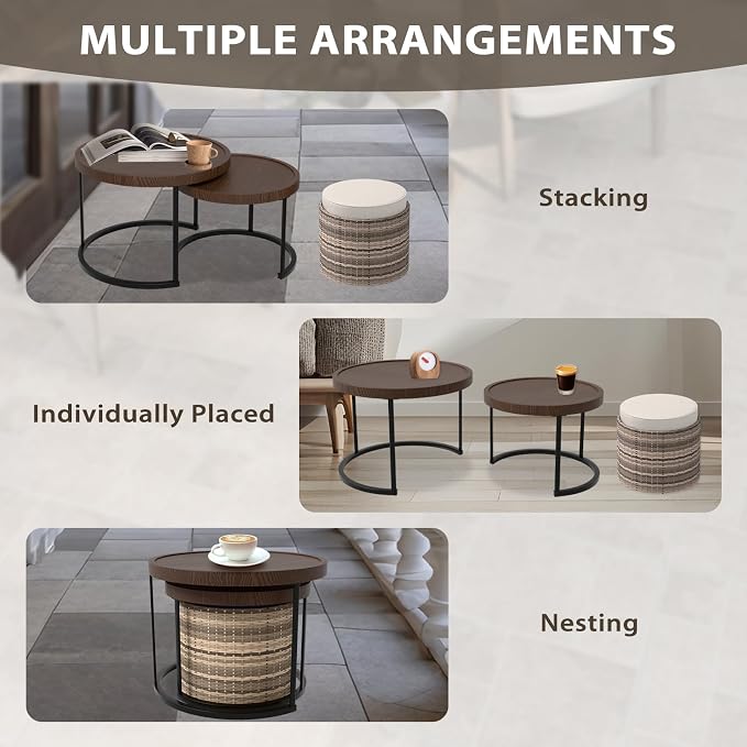 EAGLE PEAK Sunset Dune Collection Round Modern Nesting Coffee Tables, Wood Grain Top Stacking Accent Tables, Matching Ottoman, Indoor Outdoor, Set of 3, Brown