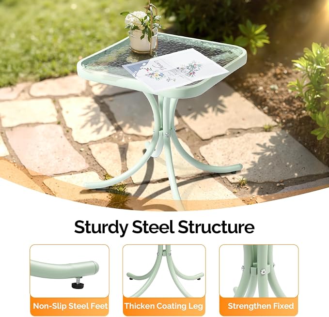 VINGLI Outdoor Side Table, 18" Patio Table Steel Frame Tempered Glass Top, Weatherproof Small Tables for Balcony Garden Poolside (Green, Square)
