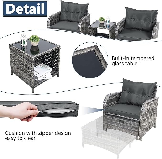 5 Pieces Wicker Outdoor Patio Chairs with Ottomans, All Weather PE Rattan Outdoor Conversation Set Bistro Patio Furniture Set with Hidden Ottoman for Porch Backyard Balcony, Grey