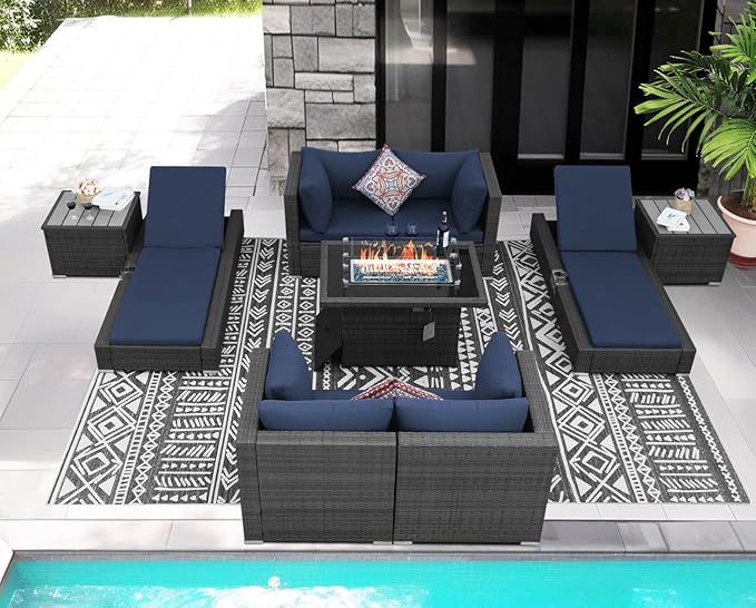 NICESOUL 9 Piece Patio Furniture Set with Firepit, Modern Outdoor Sectional Couch with Chaise Lounge, Comfy 29.3'' High-Back Backyard Seating, All-Weather Modular Sofa for Garden, Yard, Grey & Blue