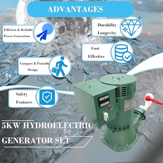 5KW Hydroelectric Generator Set Water Power Generator Automatic Voltage Regulation & Leakage Protection ≥15m/49FT Off-Grid Power Generator Pelton Turbine for Home/Rural Use 220V/60HZ