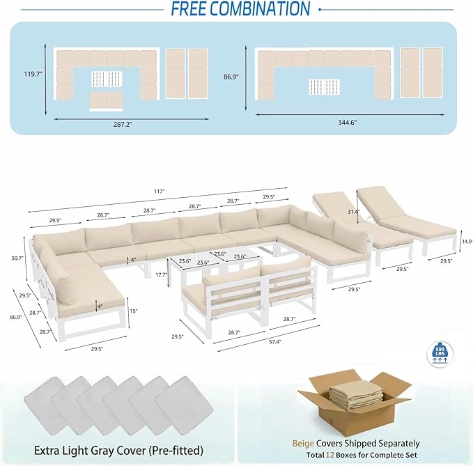 NICESOUL 14 People Large Luxury Aluminum Patio Conversation Set with Chaise & Side Table, 29" Deep Wide Modular Sectional Couch, 500 lbs Heavy Duty All Weather Outdoor Sofa for Poolside Deck, Beige