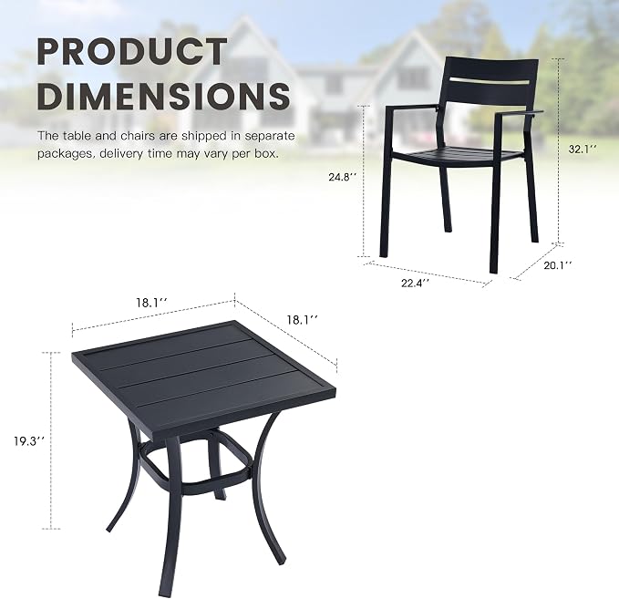 Small Patio Dining Set for 2, 18.1" Square Outdoor Side Table and Stackable Patio Dining Chairs Outdoor Furniture for Garden Deck Backyard, Black Table and Black Chairs