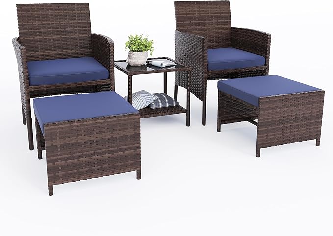 UDPATIO Outdoor Furniture Patio Chairs with Ottoman, Ideal for Balcony, Porch, 5 Piece Patio Furniture Set with Side Table for Deck, Apartment
