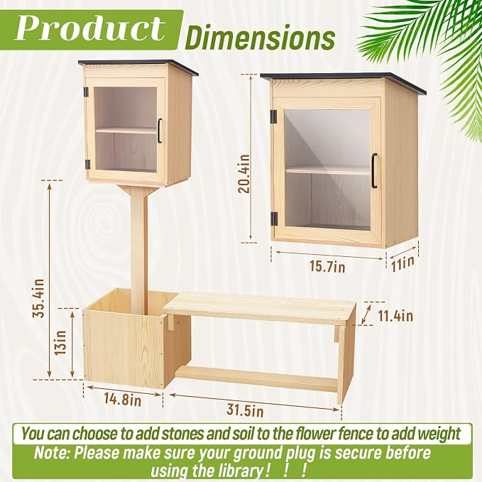 Wonderjune 3-in-1 Little Library Box Outdoor with Bench and Flower Fences, 55.8 Inch Weatherproof Solid Wood Exchange Box with Floor Plugs and Flower Fence for Neighborhoods, Community, School