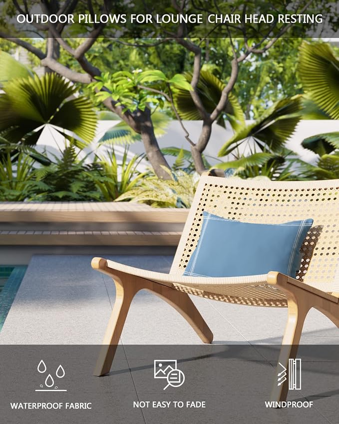 T&H XHome Outdoor Pillow for Chaise Lounge Chair, Solid Color Dusty Blue Waterproof Headrest Pillow Lumbar Pillows with Insert & Adjustable Elastic Strap for Beach, Poolside, Patio, Office (2 Pack)