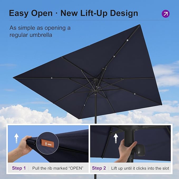 PURPLE LEAF 10' x 10' Square Semi-Auto Outdoor Patio Umbrella Aluminium Market Umbrella Table Sun Umbrella with 1.89" Rod and 8 Sturdy Ribs for Deck Lawn Pool Garden, Navy Blue