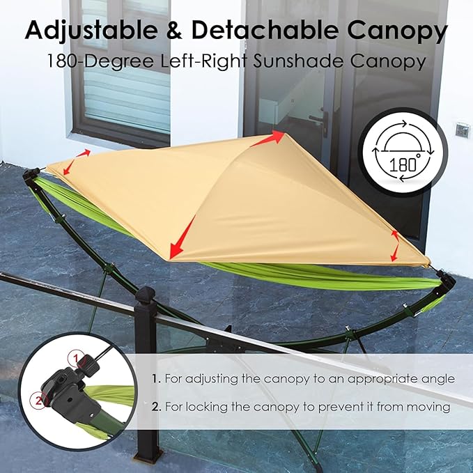 Portable Hammock with Quick Setup Folding Stand & Adjustable Sunshade Canopy & Storage Bag, Adult/Child Hammock Chair, for Camping Home Garden Hotel Outside Beach Forest (Green)