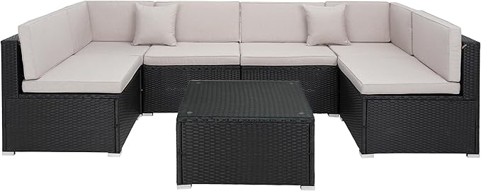 SAFAVIEH Outdoor Collection Diona Black/Grey Cushion Sectional Set with Glass Top Coffee Table, Ideal for Deck, Patio, Backyard, Sunroom