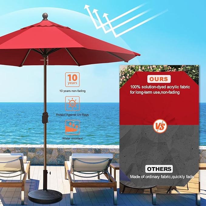 Eurmax USA 10-Year-Non-Fading 10FT Outdoor Patio Market Umbrella,UPF50+ UV Resistant Sun Shade,Heavy Duty Commercial Grade,Crank Lift Design,Windproof Vented Top for Garden,Pool,Deck,Logo Red