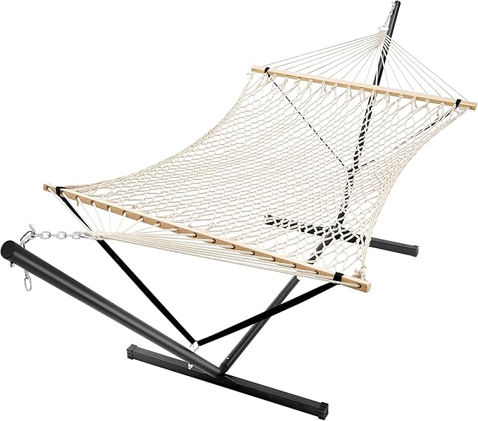 SUPERJARE 12ft Double Hammock with Stand, Soft Rope Hammock for 2 Person, Portable Heavy Duty Stand, Anti-Tip Safety Ropes, Natural Wood Spreader Bar, Outdoor Backyard Patio Camping, Beige