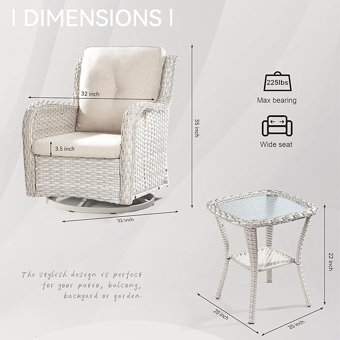 Joyside Outdoor Swivel Rocker Patio Chairs Set of 2 and Matching Side Table - 3 Piece Wicker Patio Bistro Set with Premium & Soft Fabric Cushions(Light Grey/Beige)