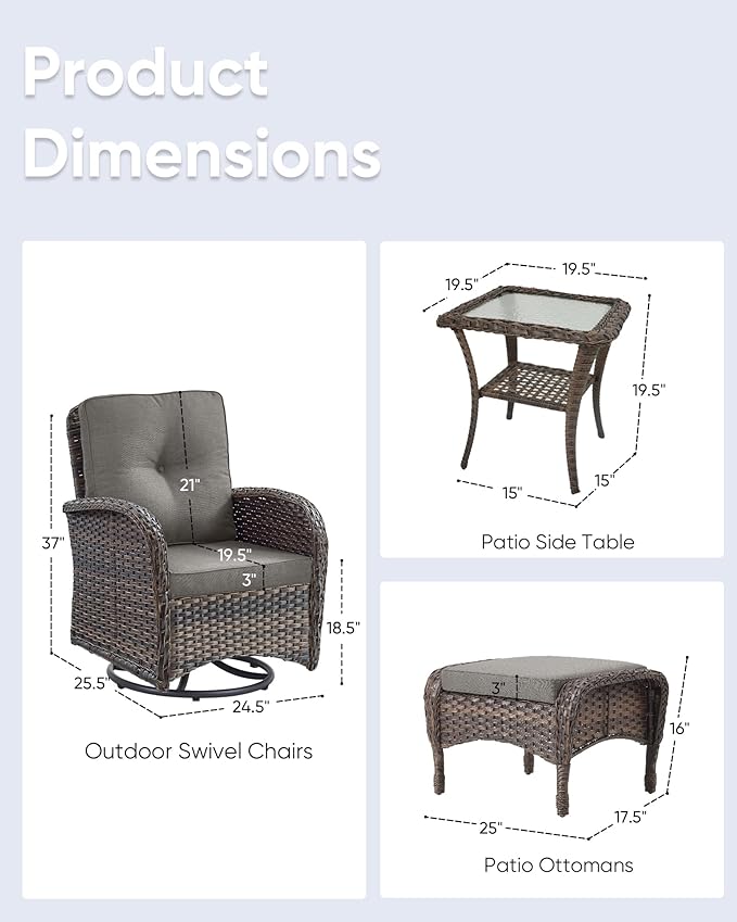 5 Pieces Outdoor Wicker Patio Furniture Set-High Back Outdoor Rocking Chairs Set of 2 with Ottoman Patio Conversation Sets for Deck Lawn Porch Balcony Poolside-Brown/Grey