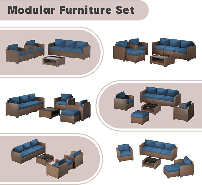 Patio Furniture Set, 7-Piece Outdoor Sectional Couch with Coffee Table & Thick Cushions, Outdoor Wicker Conversation Set for Backyard, Poolside, Garden (Brown-Peacock Blue, 7 Piece-Double)