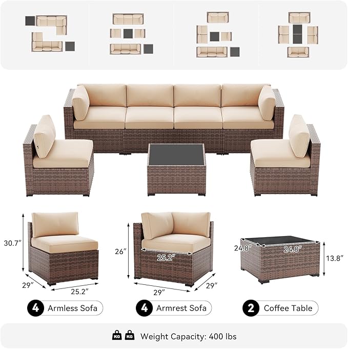 LazySunsets 10-Piece Patio Furniture Set, Wicker Rattan Outdoor Furniture with Thick Cushions, Patio Conversation Sets with Coffee Table, Outdoor Sectional Couch Sofa with Waterproof Cover, Beige