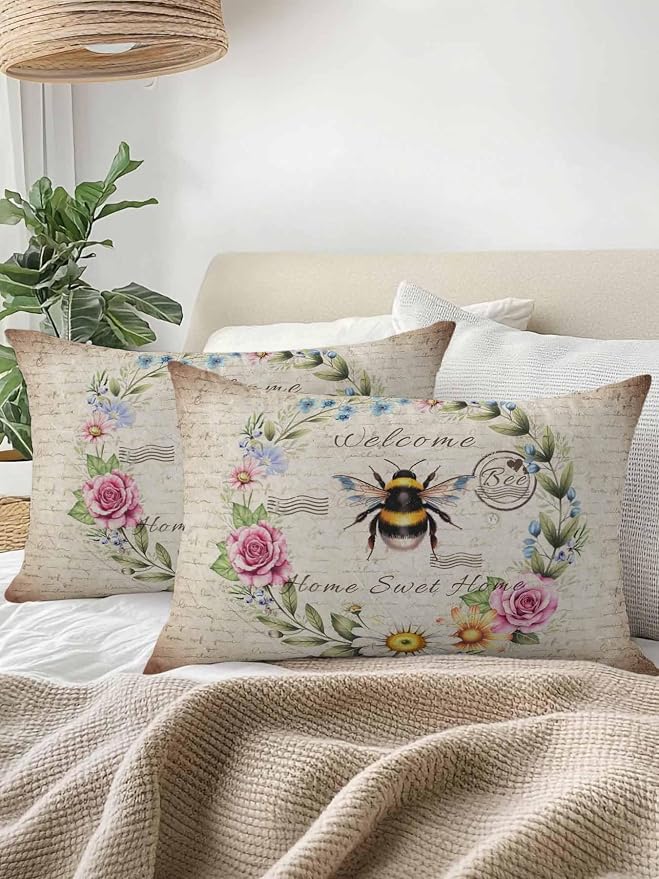 Outdoor Waterproof Throw Pillows Farmhouse Flower Leaf Wreath Patio Pillows Pack of 2,Decorative Pillow Covers with Insert,Pillow Cushion Case for Garden Couch Sofa Rustic Bee Retro Letter