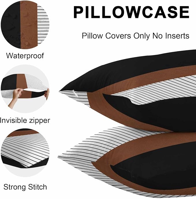Waterproof Pillow Covers Set of 2 18x18 Inch Brown Black Lines Outdoor Cushion Covers Boho Style Decorative Pillow Cases for Patio, Sofa, Couch, Garden, Balcony