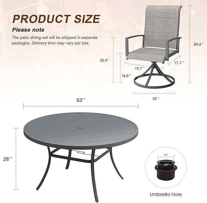 VICLLAX 9 Pieces Outdoor Dining Set, Patio Furniture Set Includes 53" Round Metal Table W/ 1.9" Umbrella Hole and 8 Padded Textilene Swivel Chairs for Porch, Lawn, Garden, Backyard