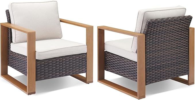 Rilyson 3 Piece Wicker Patio Furniture Set,Patio Bistro Set with 2 Rattan Armrest Chairs and 1 Side Table,Sturdy Frame,All-Weather PE Wicker,Wide Armrest,Deep Seating and Thick Cushions(Brown/Beige)