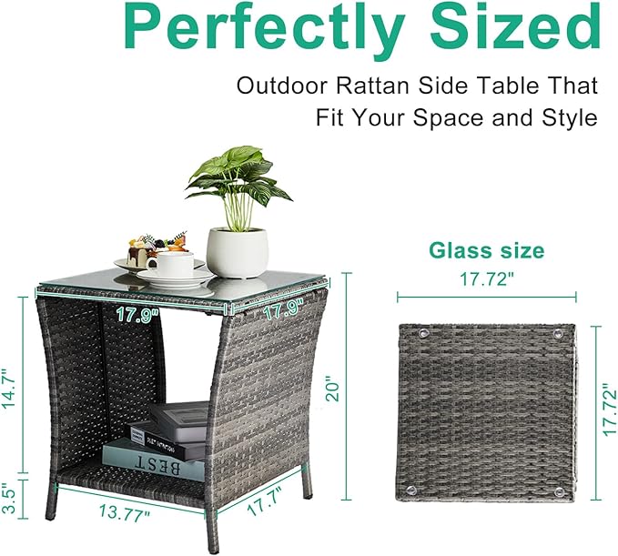 Outdoor Wicker Rattan Side Table, Square Rattan Coffee End Table Patio Wicker Table with Tempered Glass Top and Storage for Patio Garden Balcony (Gray)
