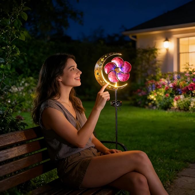 Solar Moon Windmill Decorative Garden Light - Metal Stake Windmill with Glass Ball LED, Outdoor Lawn Lamp for Yard Decoration (Red)
