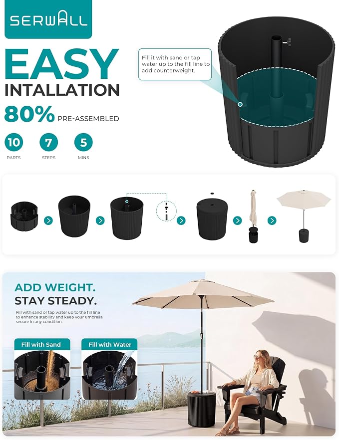 SERWALL Outdoor Round Umbrella Side Table, Outdoor Patio Table with Umbrella Hole for Porch/Patio/Poolside, 3-in-1 Multi-Functional Use, Black