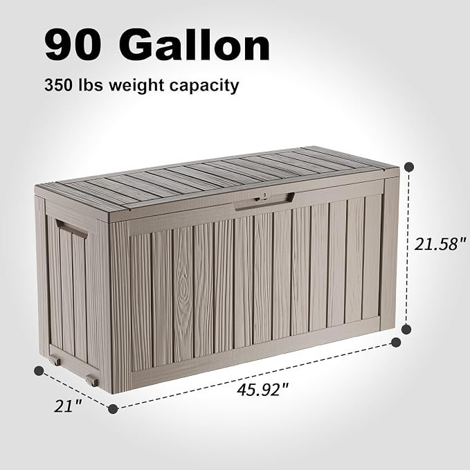 90 Gallon Outdoor Waterproof Storage Deck Box Lockable Outside Resin Bench UV Resistant Bin Patio Porch Pool Float Garden Furniture Cushion Tool Grey