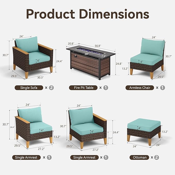 GREEN PARTY 7 Pieces Wicker Patio Furniture Set with 56" Fire Pit Table, All-Weather Outdoor Rattan Patio Sectional Sofa Conversation Set 7 Seats with 4" Thick Cushions for Garden, Backyard (Blue)