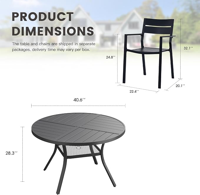 Patio Dining Set for 4, Round 40.7" Patio Dining Table and Stackable Outdoor Dining Chairs Outdoor Furniture for Backyard Porch Deck, Spliced Black Table and Black Chairs
