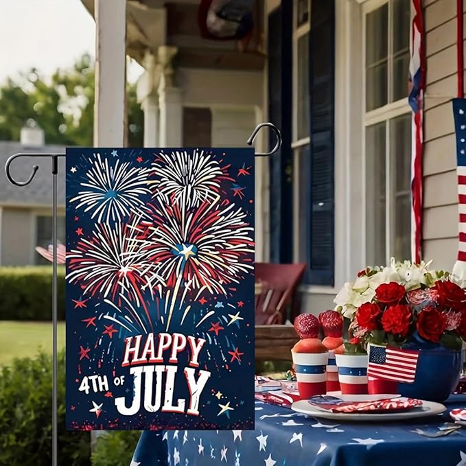 Happy 4th of July Garden Flag 12x18 Double Sided, Burlap Fireworks Independence Day Garden Flag Fourth of July Outdoor Decorations, Small Decorative Patriotic Yard Flags for Outside Lawn Porch Decor