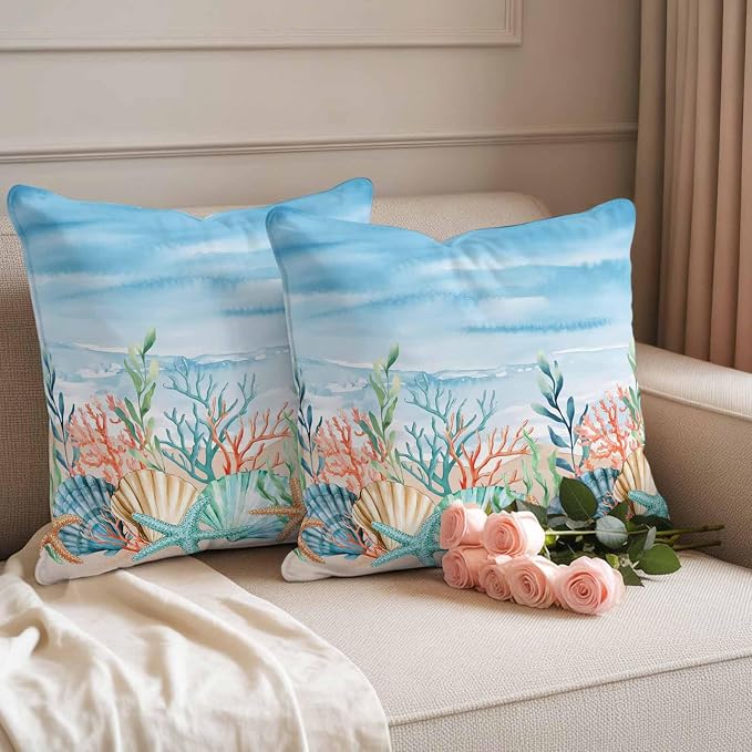 Throw Pillow Covers 26x26 Inch Set of 2, Summer Nautical Waterproof Outdoor Pillow Covers, Coastal Beach Starfish Coral Shell Blue Decorative Cushion Pillowcases for Couch, Sofa, Bed, Garden, Patio