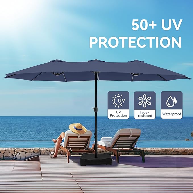 GREEN PARTY 15 ft Rectangular Patio Umbrella with Base Included, Large Double-Sided Outdoor Table Umbrella with Crank, 1.9" Pole UPF 50+ UV Resistant for Pool Deck Backyard Garden, Navy Blue