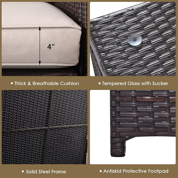 Tangkula 6 Pieces Patio Wicker Furniture Set with 32 Inches Propane Fire Pit Table and Tank Holder, Outdoor Conversation Set with Storage Box and Coffee Table, 2 Waterproof Covers Included (Beige)