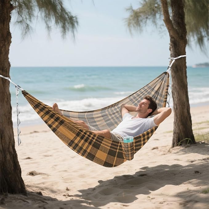 Vintage Buffalo Plaid Checked Brown 330lb Capacity Outdoor Hammock Fabric Hammock for Outside Patio Garden hamacas para adultos 2 Personas